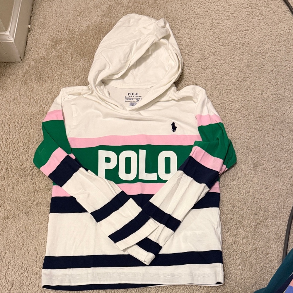 Polo by Ralph Lauren White Hoodie with Pink, Green, and Navy Stripes - Picture 2 of 4